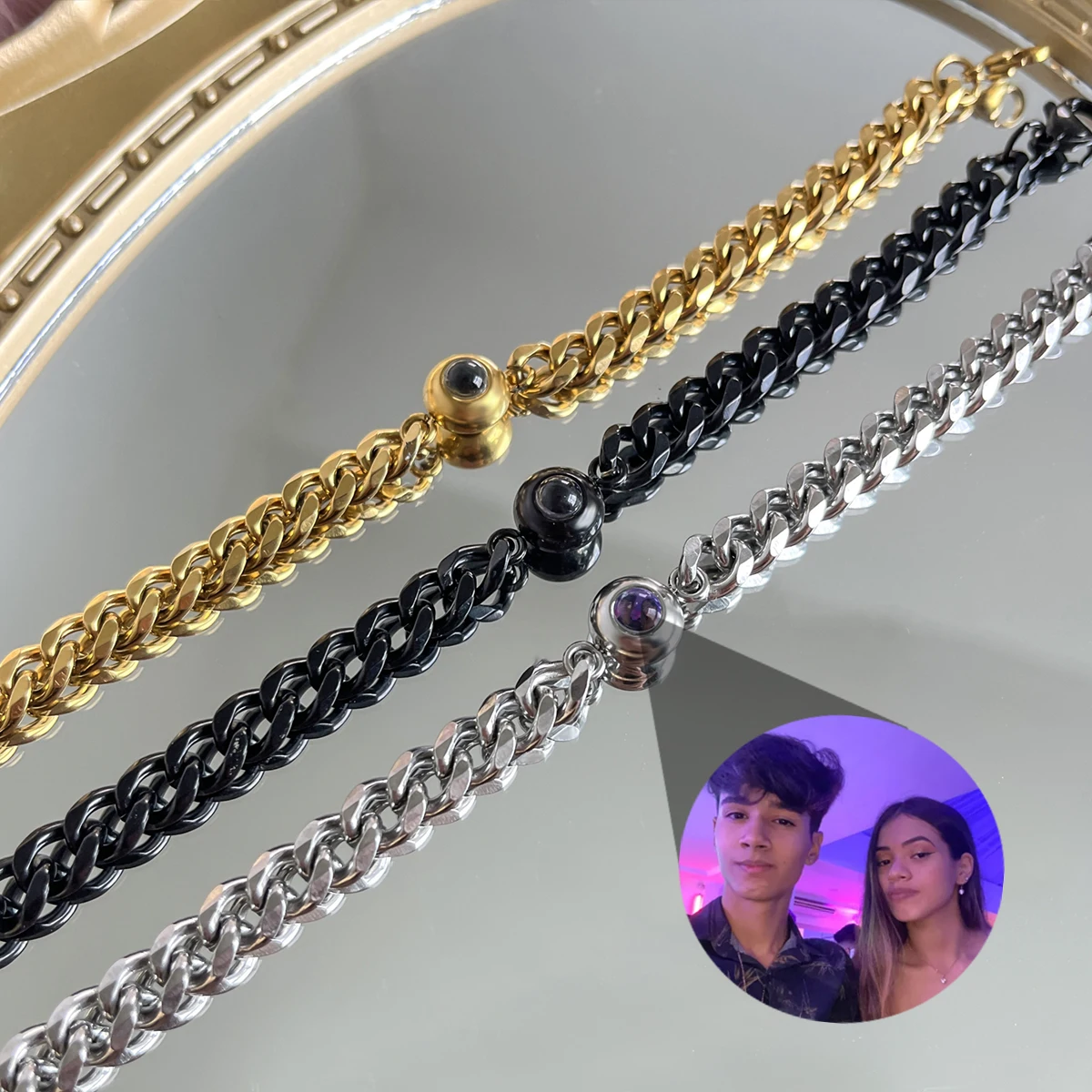 Custom Circle Pendant Projection Photo Bracelet With Couple Jewelry Memorial Gift For Him Personalized Cuban Chain Bracelet Men