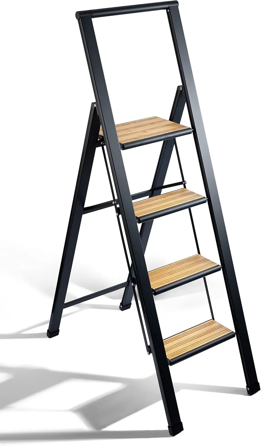 

Step Ladder folding, decorative - Beautiful Bamboo & Black Aluminum, Ultra Slim Profile, Anti Slip Steps, Sturdy-Portable