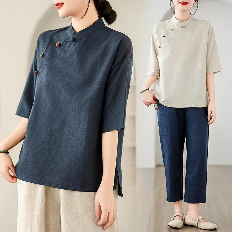 Shirt with Diagonal Placket and Stand-up Collar Tea Top New Women's Retro Cotton Linen Short-sleeved