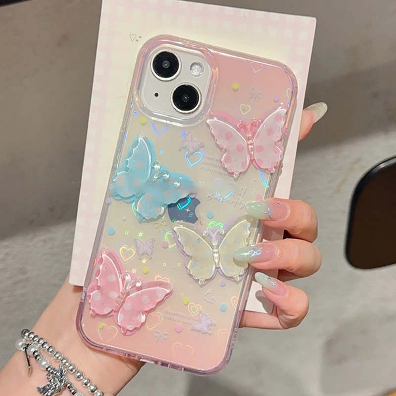 Korean Lovely 3D Polka Dot Butterfly Laser Love Heart Phone Case For iPhone 15 14 13 12 11 Pro Max Trendy Clear Back Cover Girls