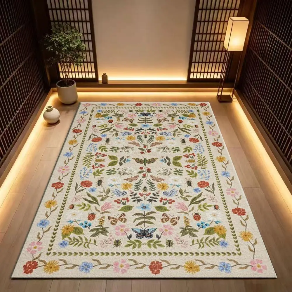 Vintage Botanical Insect Floral Square Area Rug Garden Butterfly Bee Non-Slip Floor Carpet for Living Room Bedroom Home Decor