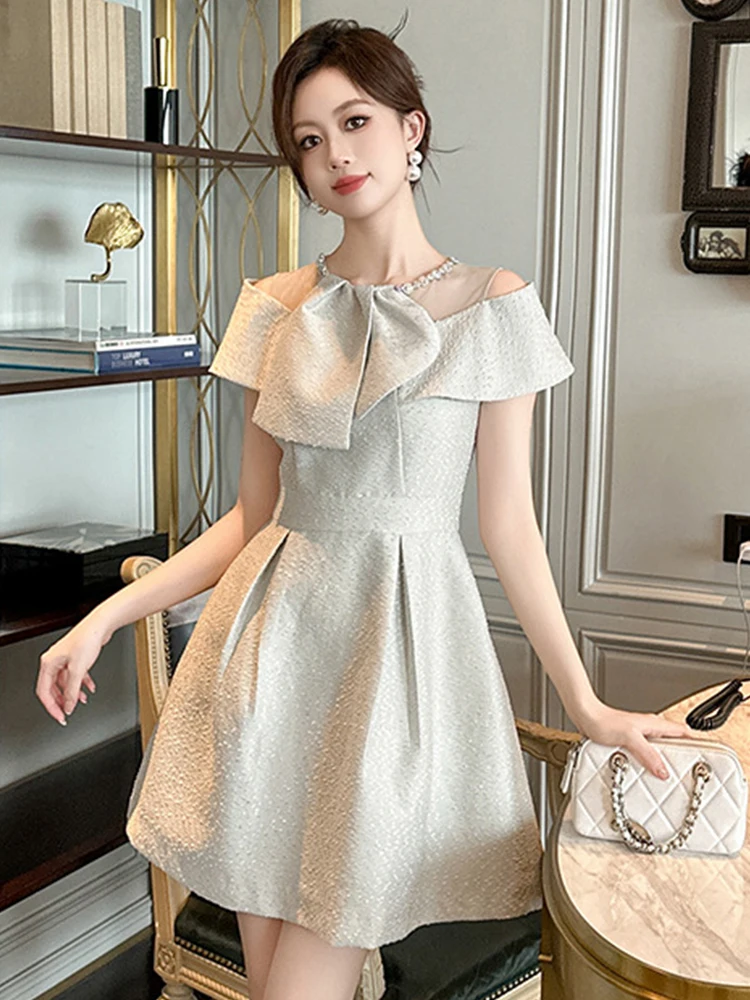 Elegant Pretty Party Dress Women's Cute kawaii Bow Sheer Mesh Splice Diamonds Pleated Ball Gown Female Night Out Vestidos Lady