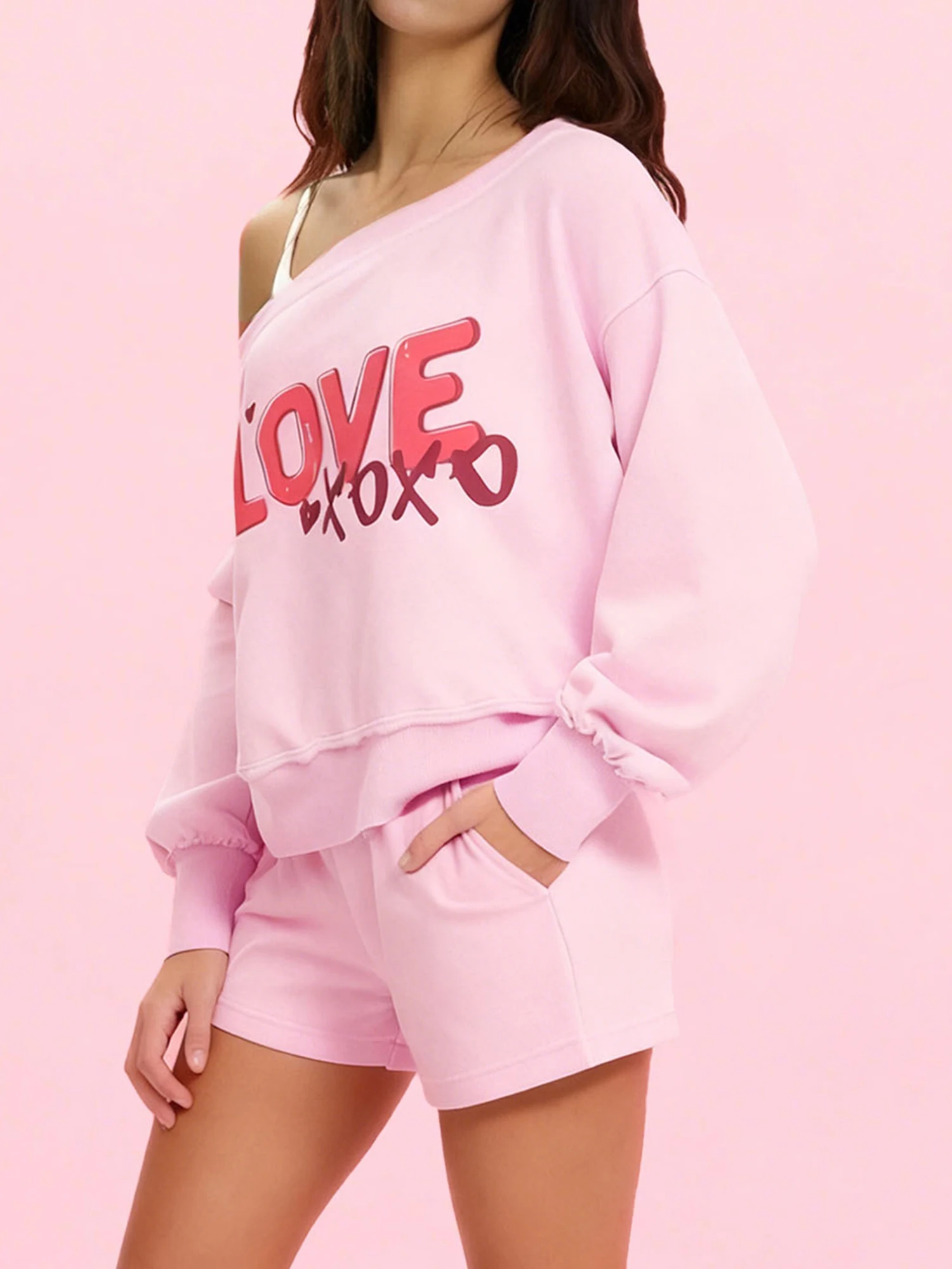 Sweat-shirt à épaules dénudées pour femmes, pull à manches longues avec lettres imprimées, avec col Slash, pour la saint-valentin