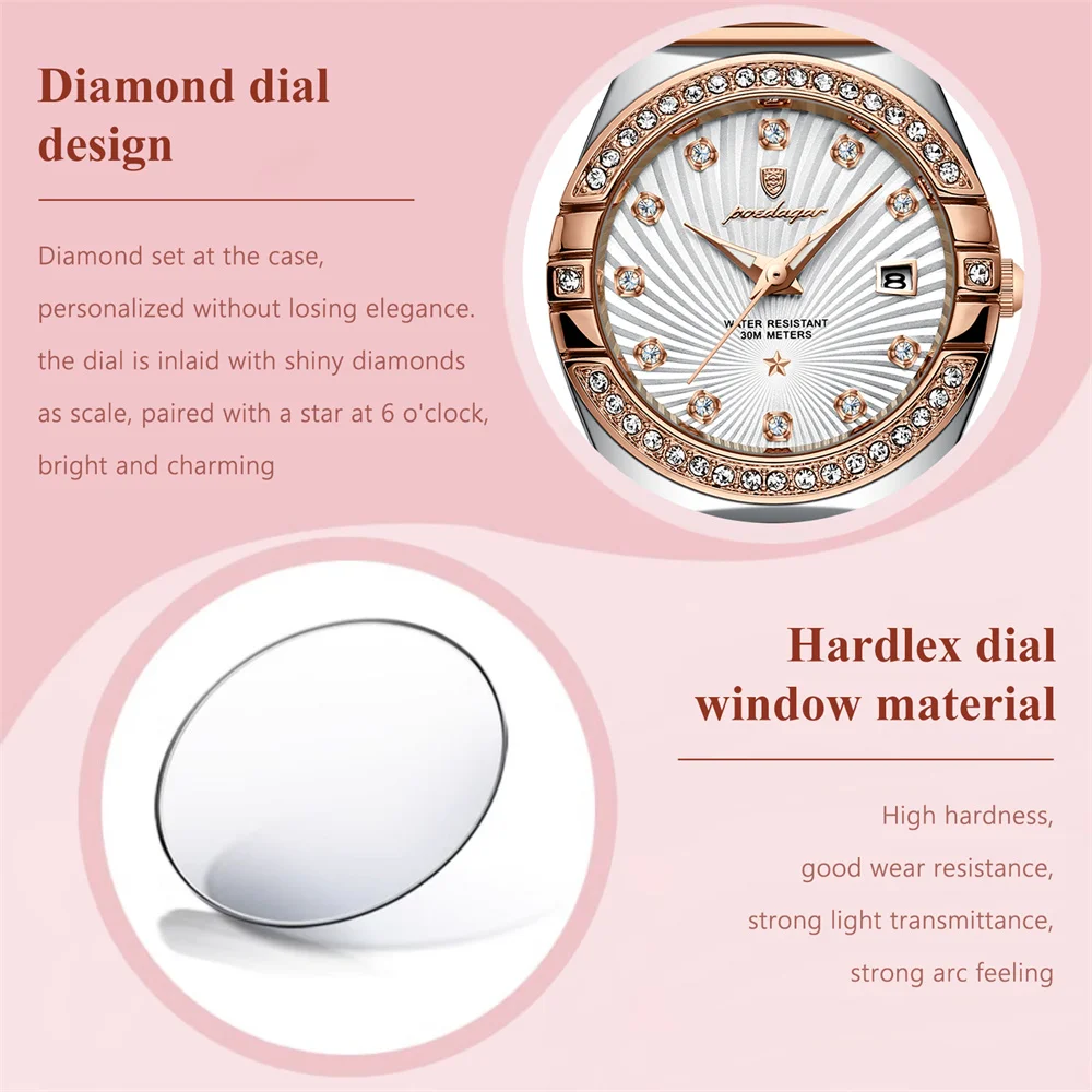 POEDAGAR Brand Luxury Diamond Women Quartz Watch High Quality Stainless Steel Waterproof Luminous Date Fashion Women Watches