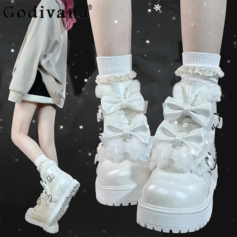 

Женские зимние ботинки в стиле панк-лолита: теплые, на флисе, с толстой подошвой, милые короткие сапоги в японском стиле