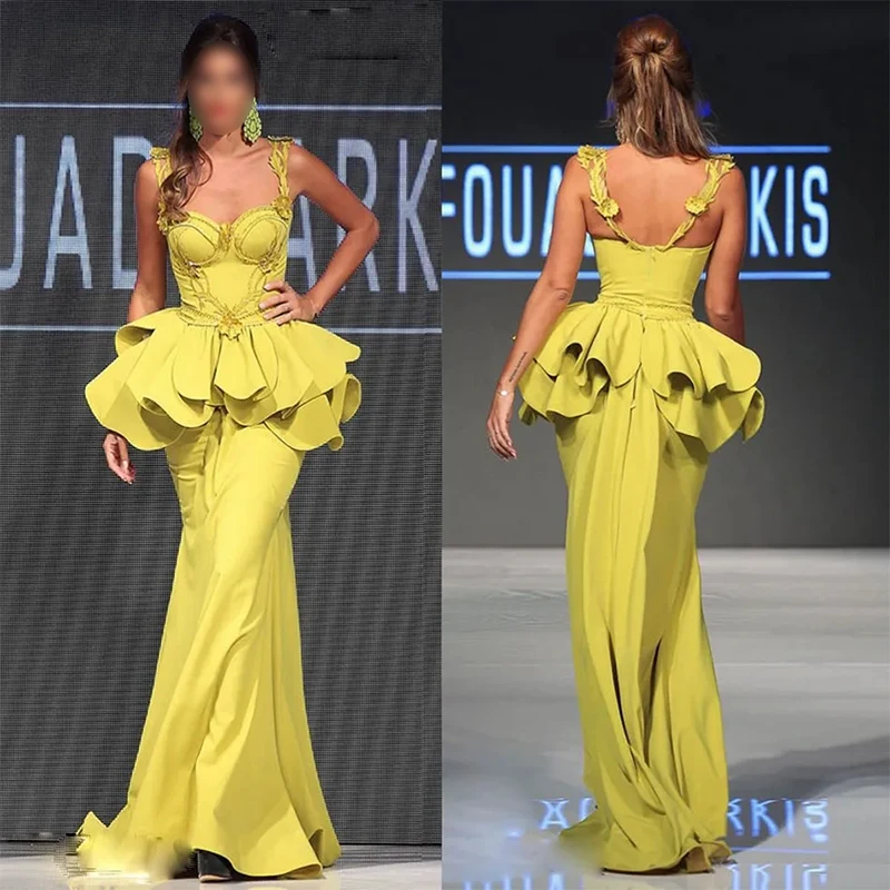 Yellow Spaghetti-Straps Formal Evening Dresses 3D Applique Ruffle Celebrity Dresses Customized فساتين سهرة