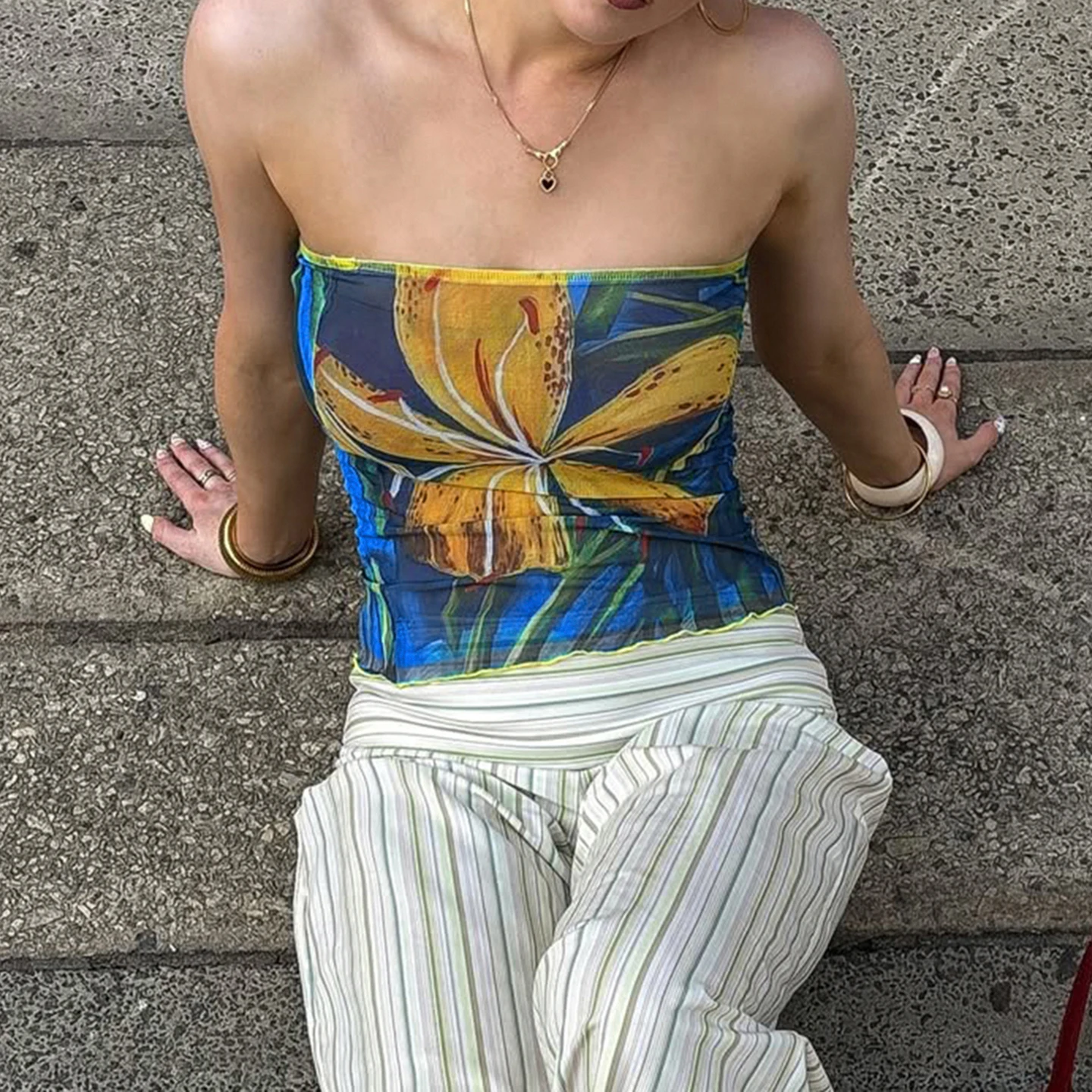 SUCHCUTE Retro Contrast Color Plant Print Sleeveless Tube Top for Women Summer Holiday Spicy Short Vest Women's Fashion Knitted
