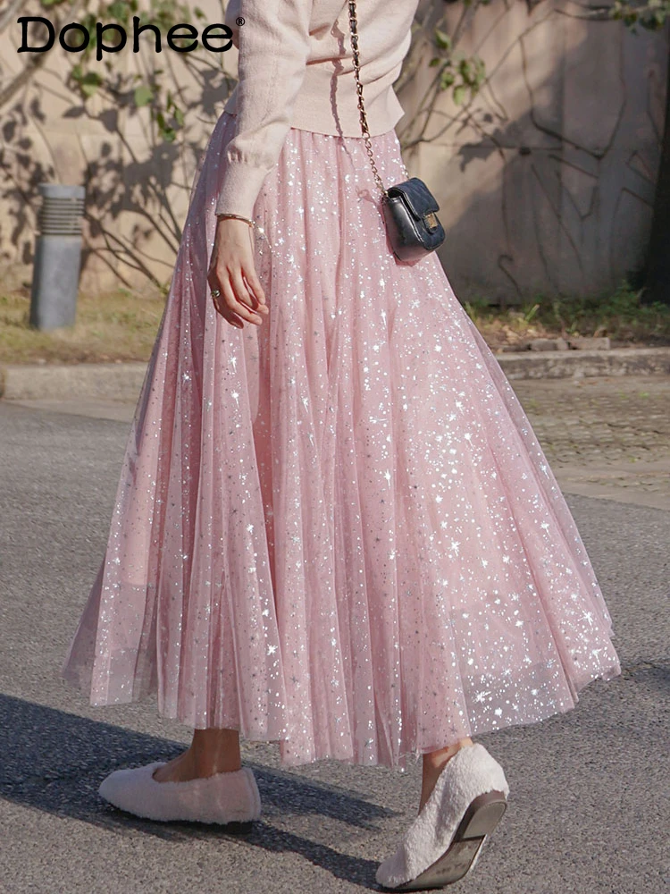 Mid-Length Mesh Starry Sequins Large Swing Skirt Women Clothing 2024 Spring Summer New Elastic Waistband Pink Skirt Female