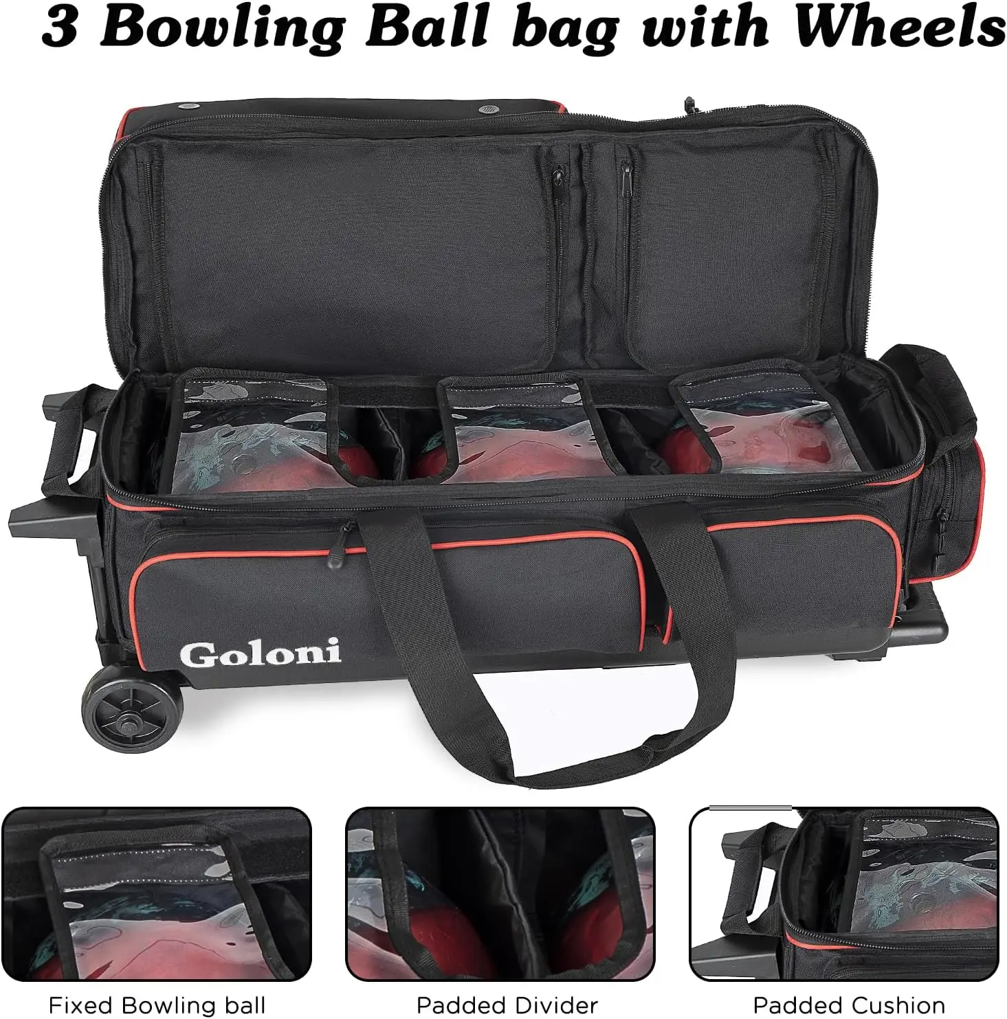 3 Ball Bowling Bags with Wheels,Rolling for 3 Bowling Balls & Bowling Accessories -Retractable Handle