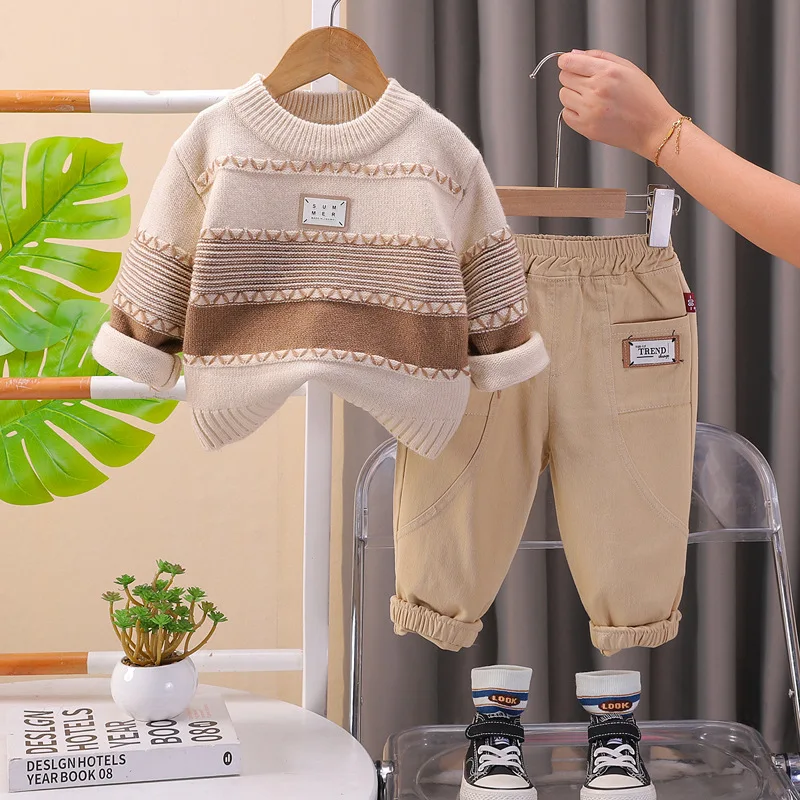 1-5Y Autumn 2Pcs Fashion Set for Children Thick Striped Long Sleeve Sweater Solid Color Pockets Pants Casual Baby Boy Sets