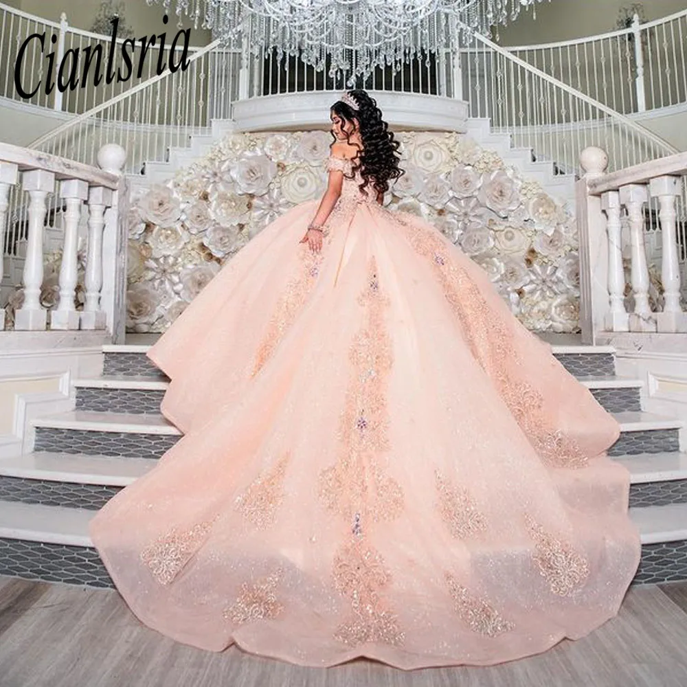 

Princess Rose Gold Quinceanera Dresses 2023 Off Shoulder Applique Pearls Cinderella Sweet 16 Dress Vestidos De 15 Anos