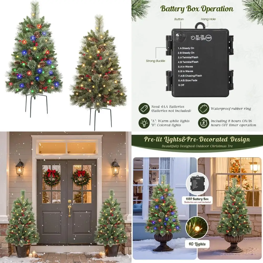 

Набор из 2 рождественских елок на открытом воздухе с батарейным питанием, 24,5 дюйма, с 40 разноцветными огнями, таймером, предварительно украшенными матовыми для праздника