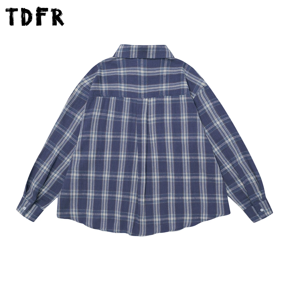 Retro Plaid Long Sleeve Shirts Mens Pocket Letter Embroidery Autumn Casual Loose Long Sleeve Single Breasted Cotton Shirts Man