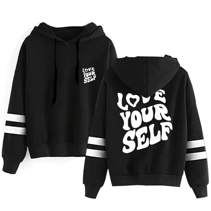 Offres spéciales sweats à capuche femmes sweats Love Yourself imprimer polyvalent rayure pulls Jogging sport vêtements décontracté femme sweats à capuche