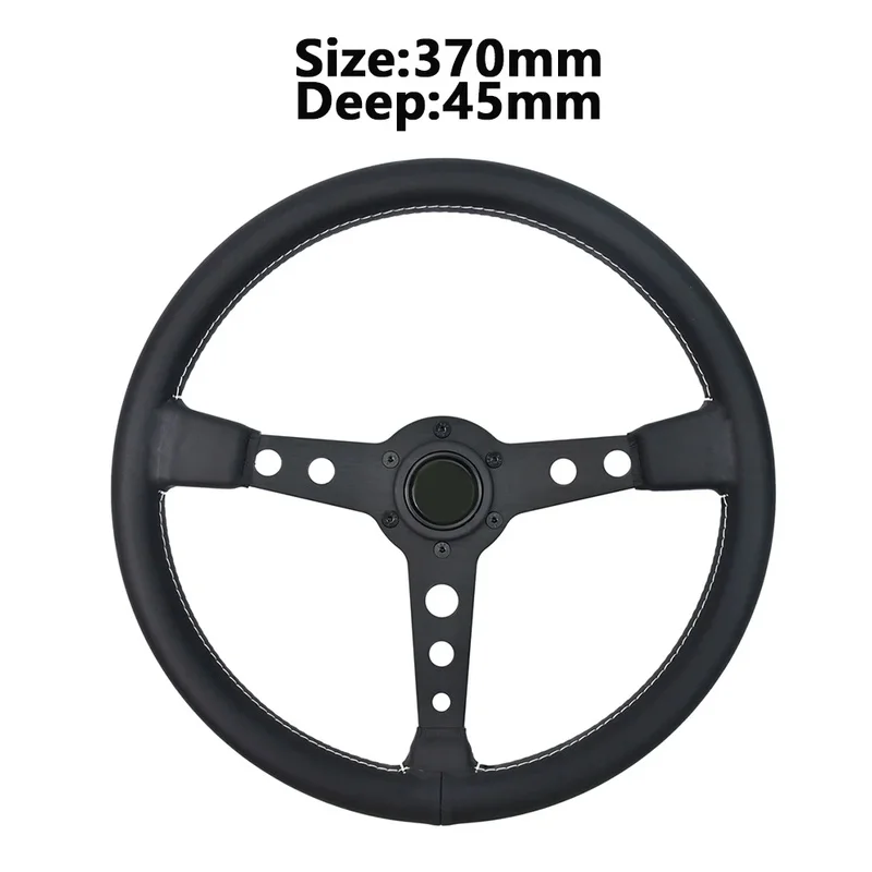 High Quality 370MM Sports Classic Steering Wheel 6 Holes Black Spoke Flat White Stitching Racing Steering Wheel With 5MM Thick B