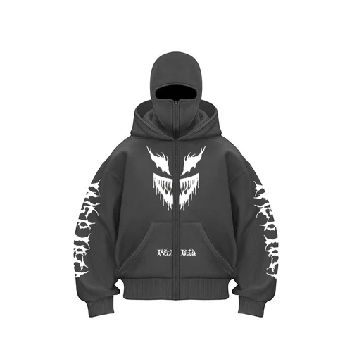 Imagen 2 del producto Chaqueta de hombre Otoño e Invierno diablo impreso doble cabeza cremallera con capucha polar versátil deportes Casual suéter con capucha suelta