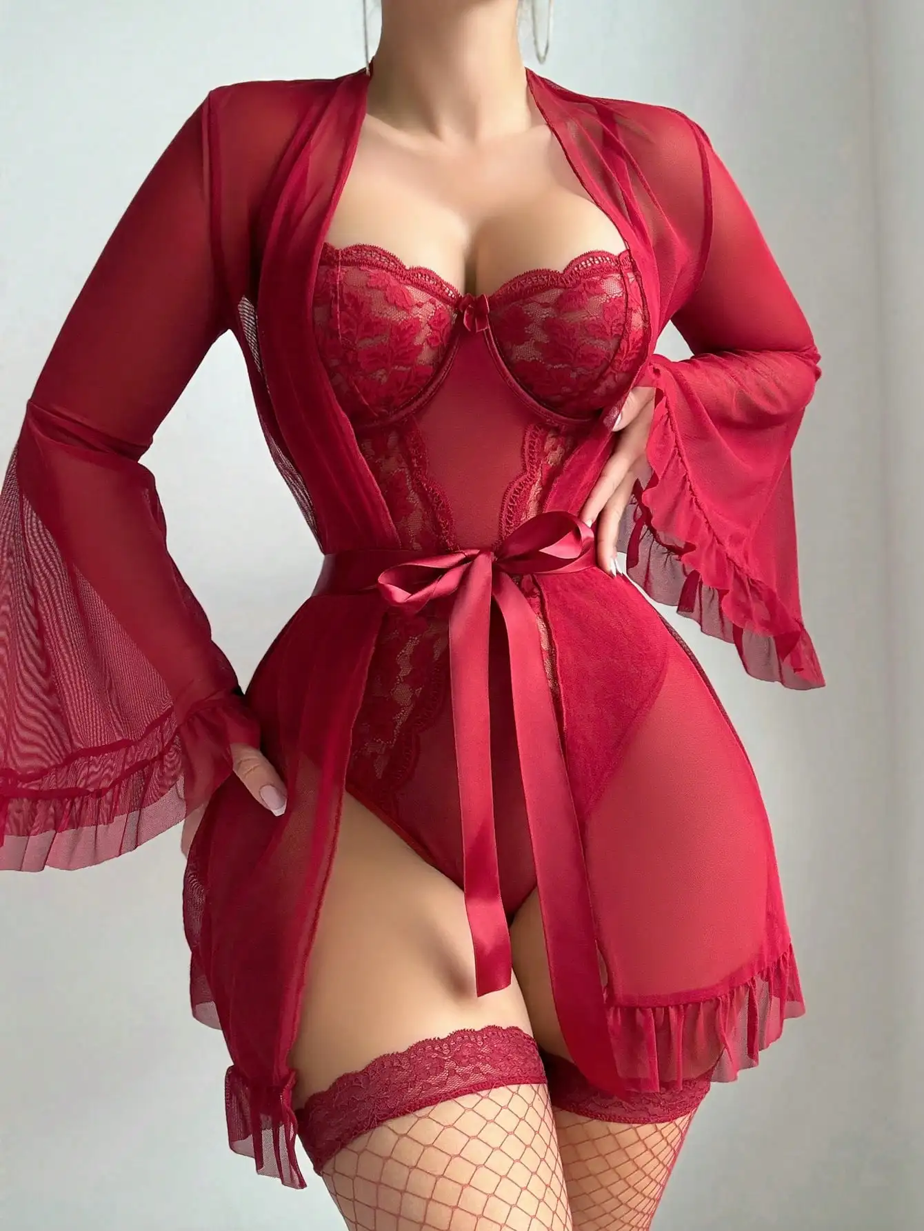 

Red Lace Bodysuit with Sheer Robe, Satin Belt & Fishnet Stockings Set for Romantic Nights