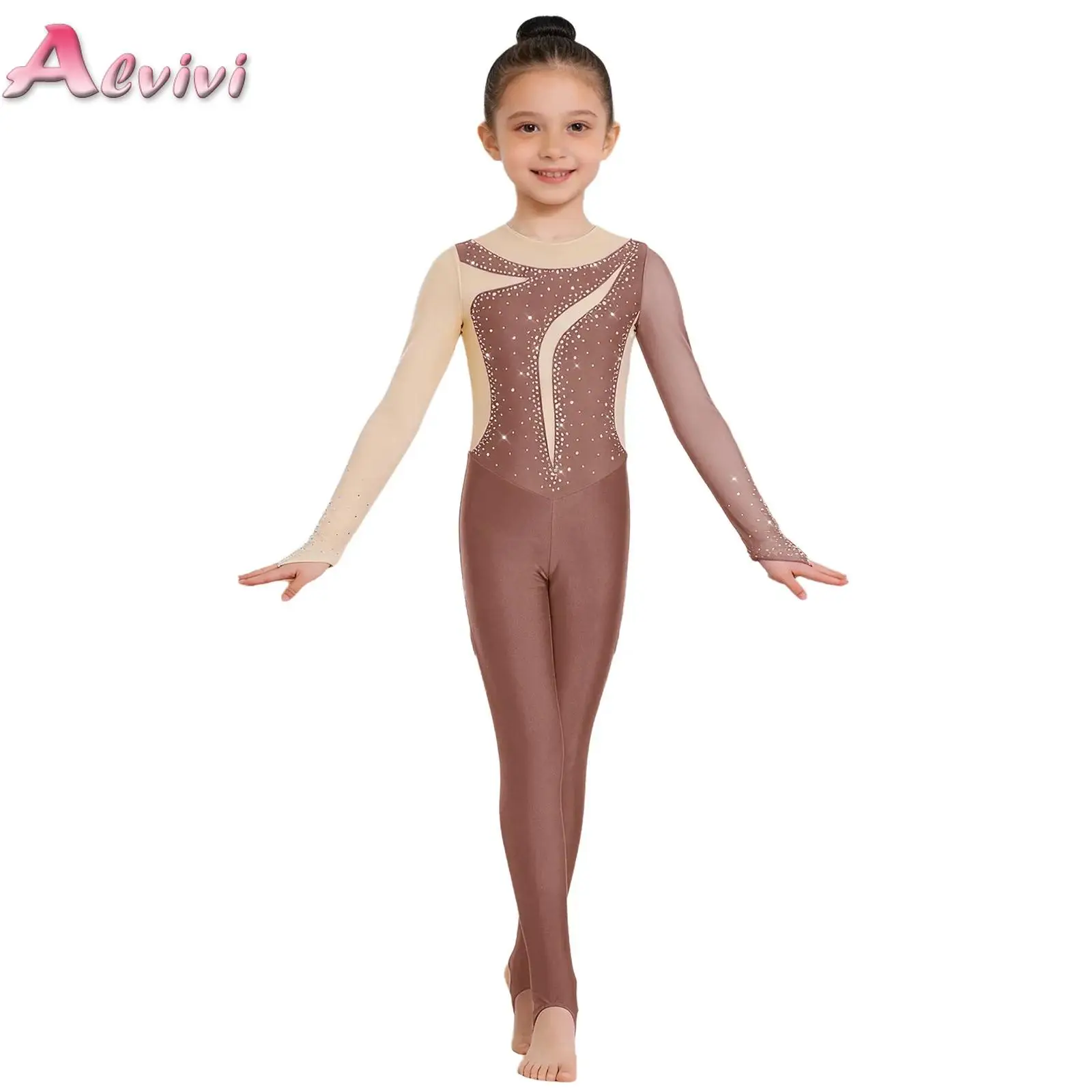 

Kids Girls Color Block Dance Bodysuit Stirrups Jumpsuit Childrens Gymnastics Performance Costume Long Sleeve Full Length Leotard