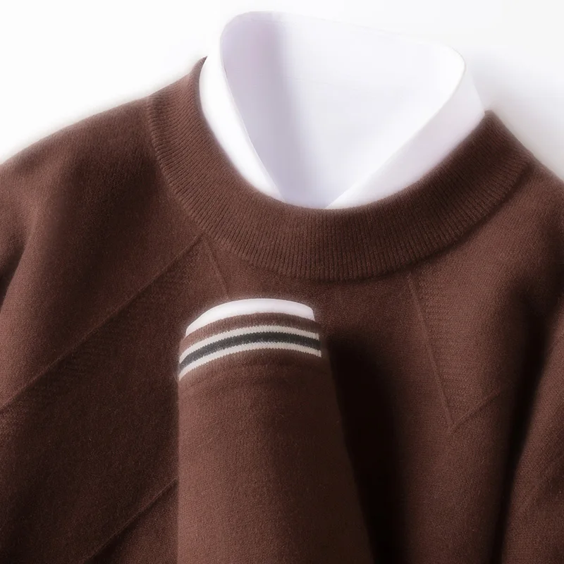 

100% Sheep Wool Pullover, Coffee-colored Semi-turtleneck Vintage Sweater, Old-money Style Warm and Lightweight Knitwear