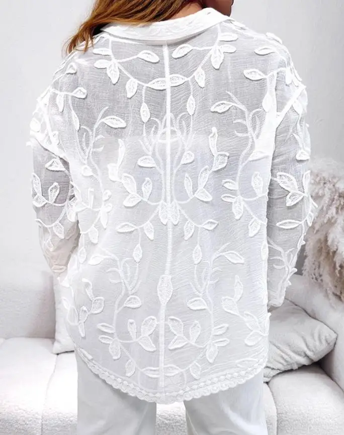 

Woman Blouse 2025 Spring New Turn-Down Collar See Through Lace Embroidery Blouse Casual Loose Fit Jacquard Long Sleeve Shirt