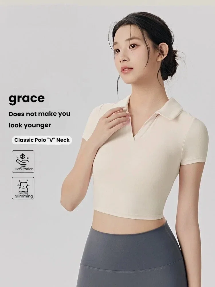 Women's Short Crop Top Polo Shirt with Built-in Bra - Sexy One Piece Yoga T-Shirt Woman Clothes Summer Casual Streetwear Tee