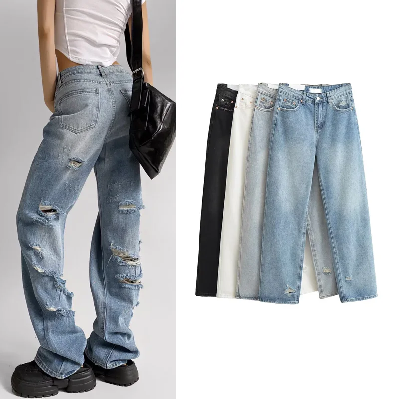 

Spring New Loose Comfortable Floor-Length Jeans Lazy Faion Straight Leg Denim Pants Decorative Hole l Waist Zipper