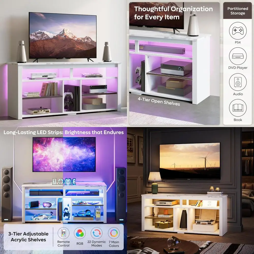 LED Entertainment Center for PS4 and 55-65 Inch TVs, Tall TV Stand with Storage, Media Cabinet Console