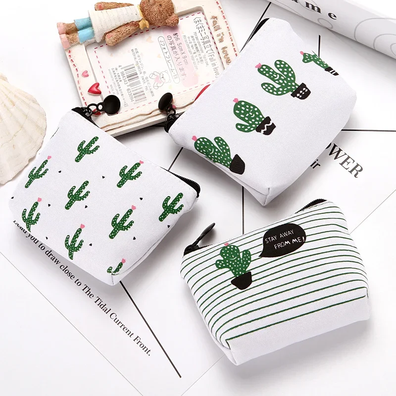 9*8.5cm Zipper Coin Bag for Keys ID Cardit Cards Badge Organizer Bag Canvas Cactus Earphone Data Cable Clutch Bag