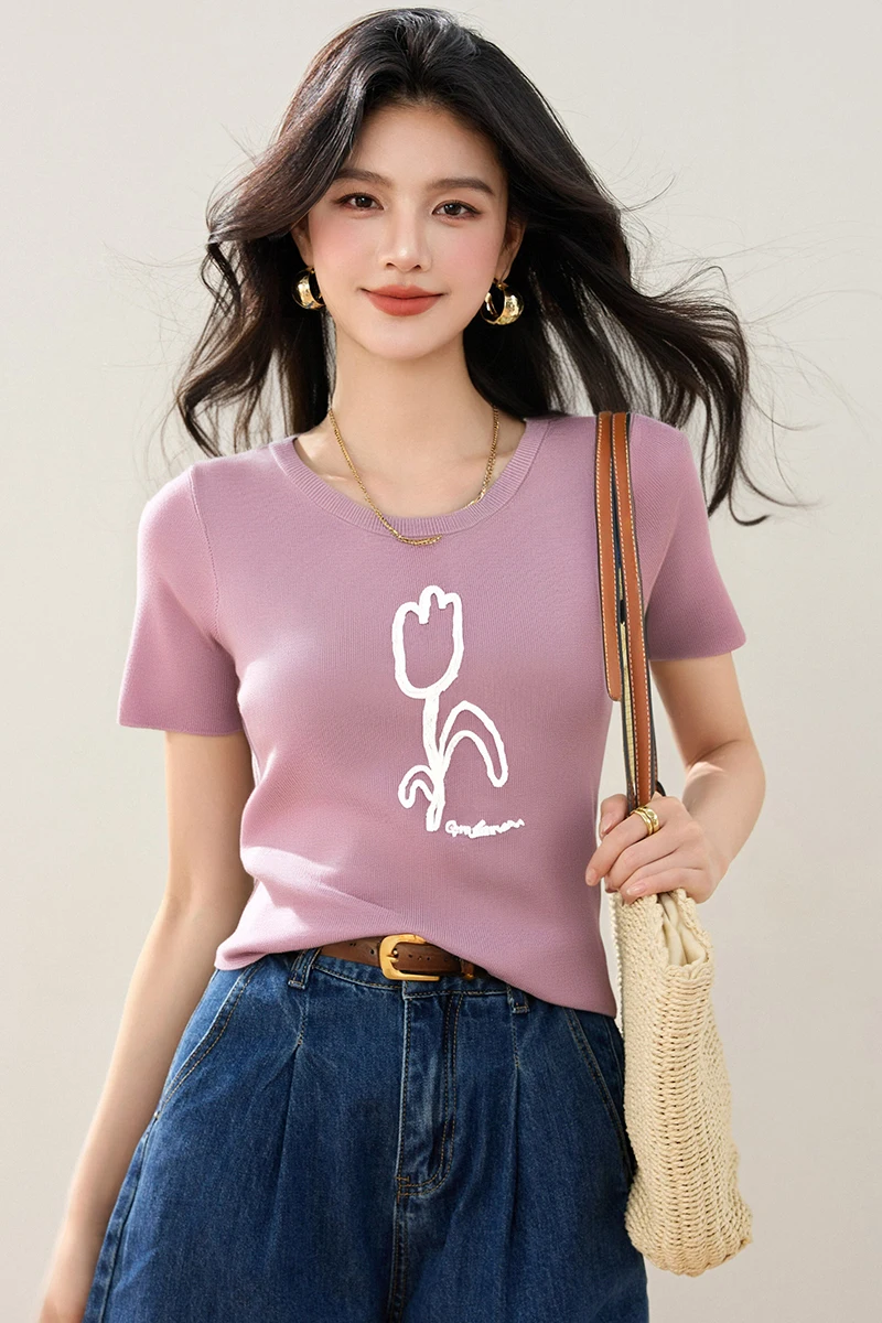 

2025 Summer 3D Tulip Flower Wool Stretch Slim Fit Short Sleeve Round Neck Knit Sweater Women's Tops