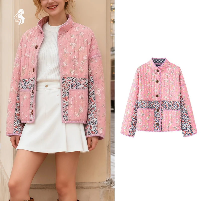 

Женская модная хлопковая куртка, двусторонняя клетчатая хлопковая куртка с цветочным принтом, модная и универсальная персонализированная одежда
