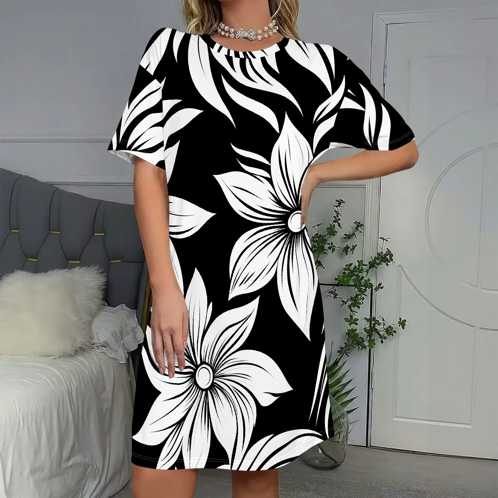 Bold Floral Print, Short Sleeve Dress, Black & White, Tropical Pattern, Summer Casual Wear, Women's Fashion, S-2XL