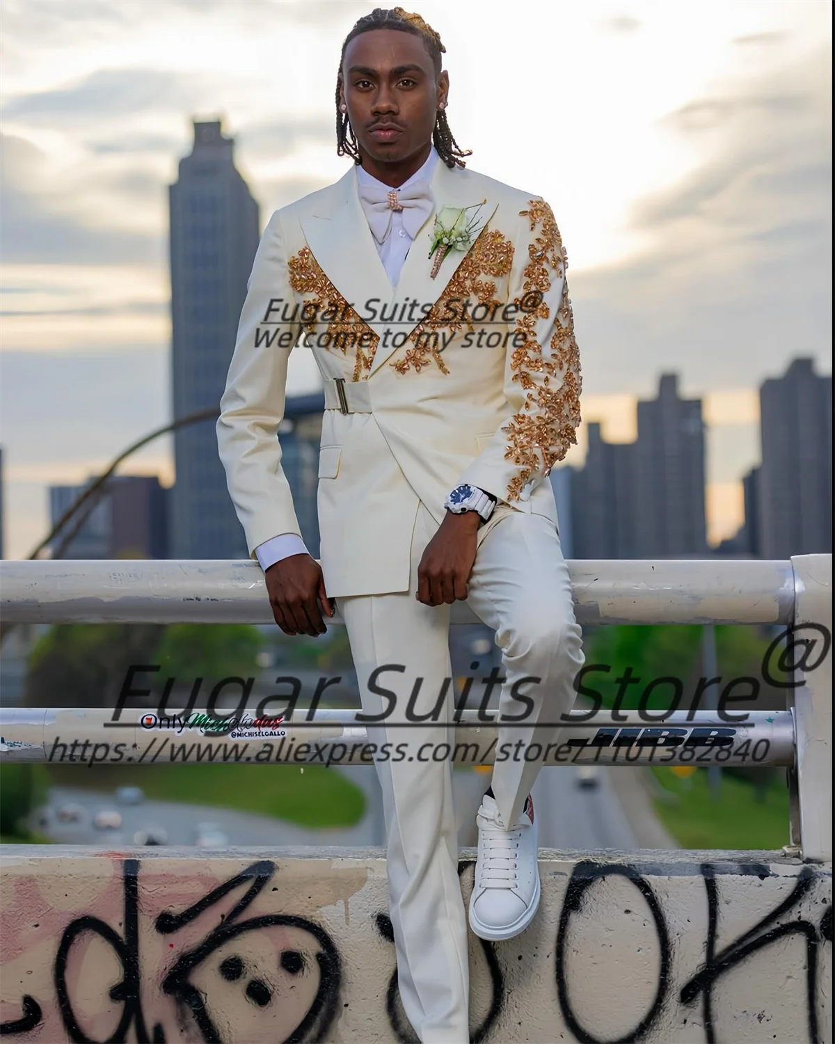 

Luxuly Wedding Handsome Groom Formal Tuxedos Customized Golden bead decoration Men Suits Male Party Prom Blazers Costume Homme