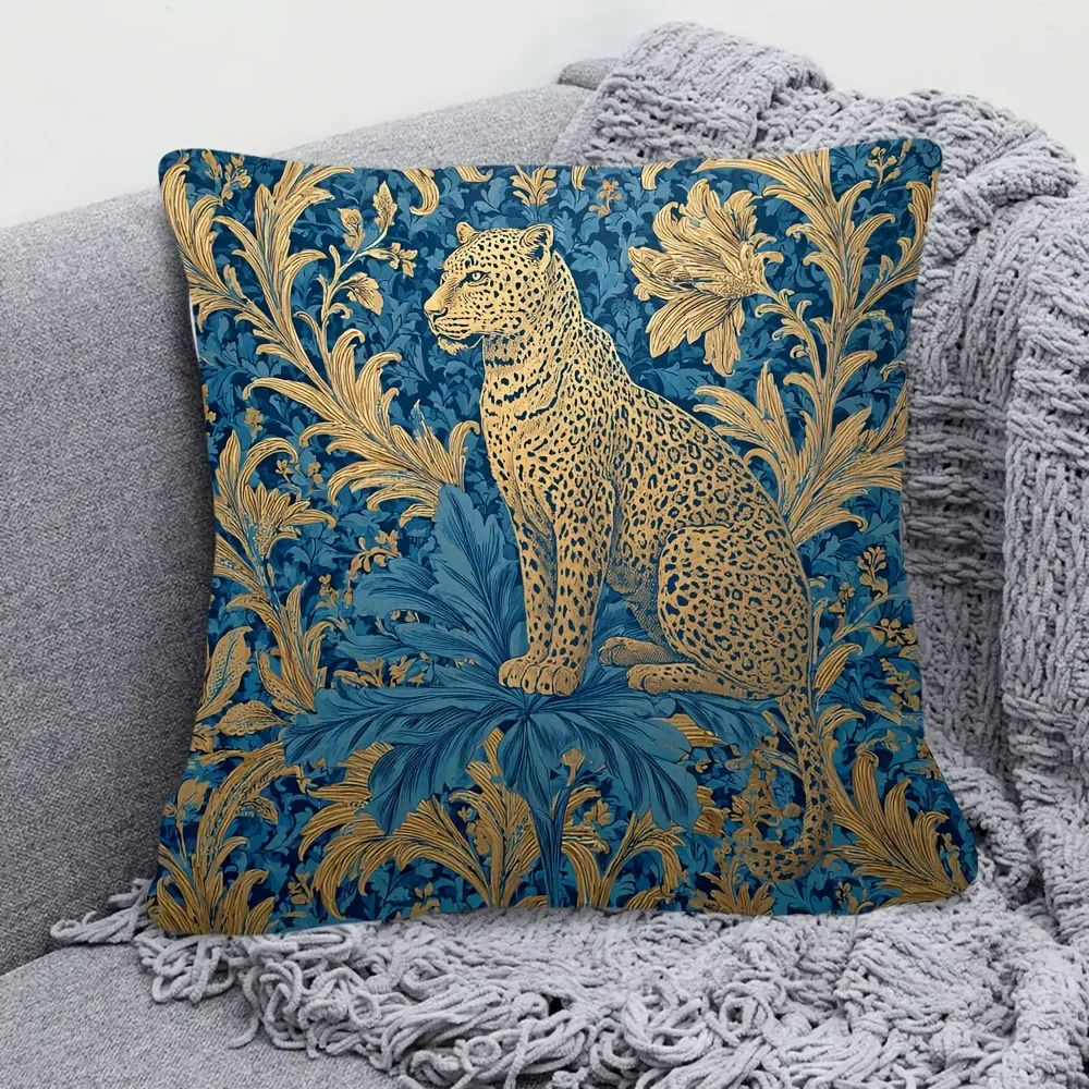 1Pc Vintage Leopard Floral Cushion Cover Blue Gold Botanical Animal Print Pillowcase For Sofa Bedroom Home Decor Decorative