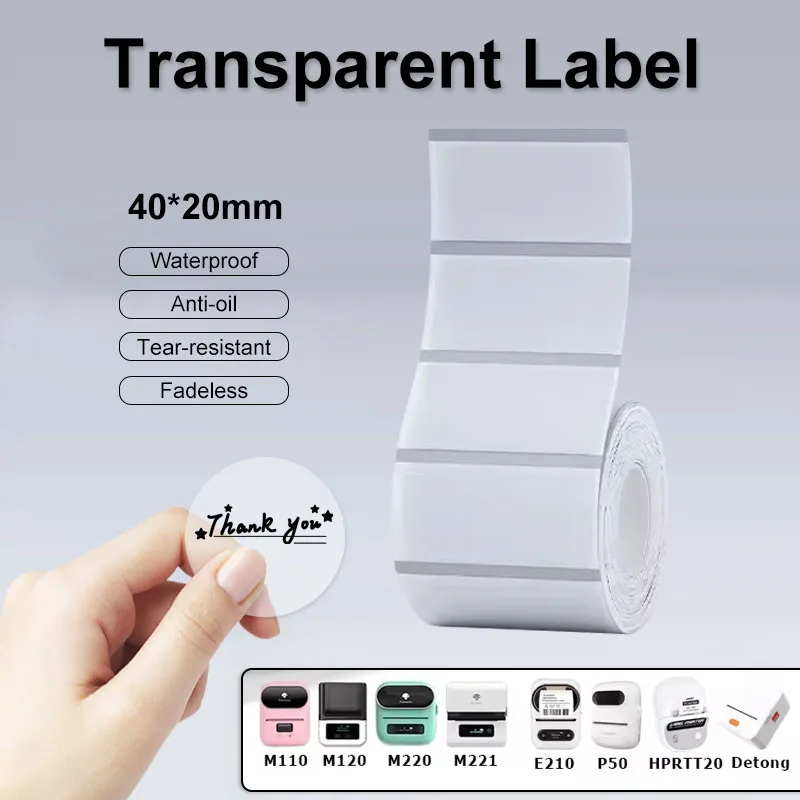 Transparent Round Rectangle Thermal Label Roll Adhesive Sticker Paper Durable Printable Thanks Card Price Barcode Tag  M110 M220