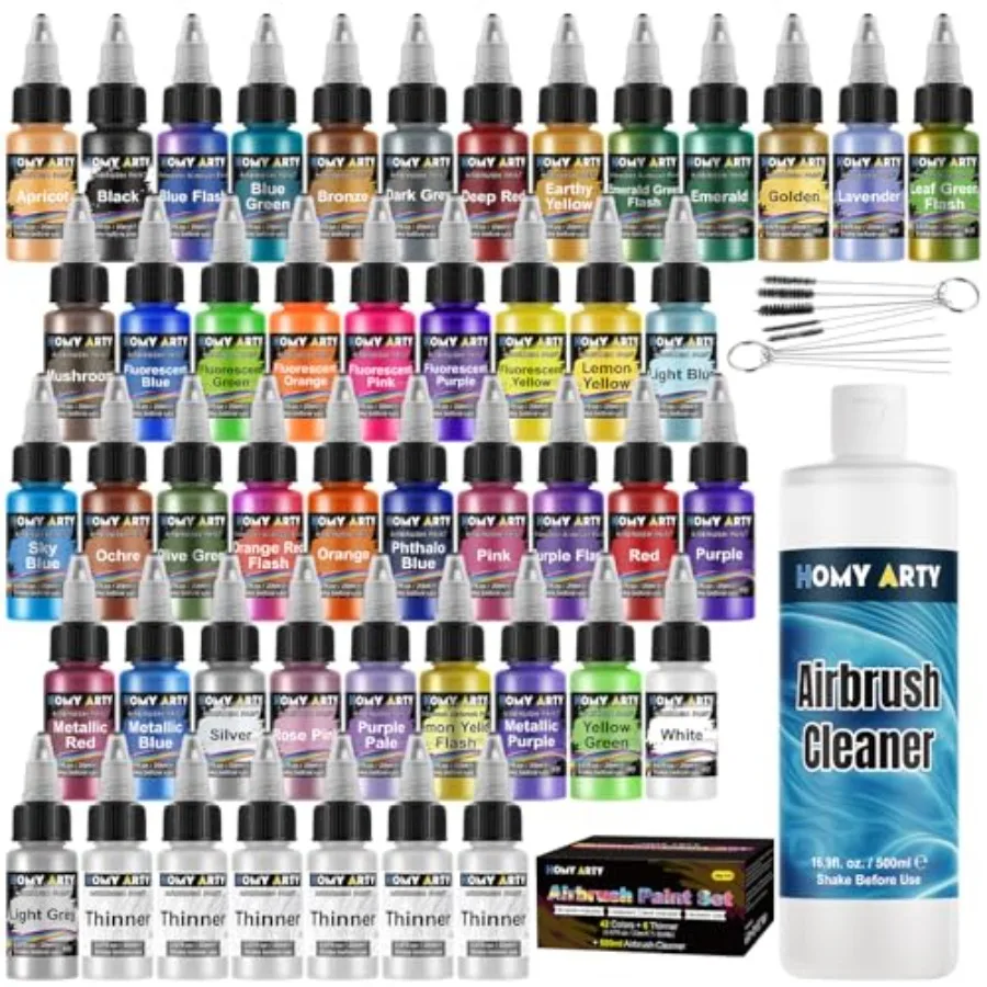 

Набор красок для аэрографа HOMY ARTY - 42 цвета с 6 разбавителями и 16,9 жидких унций очистителя, в комплекте кисти, готов к использованию.