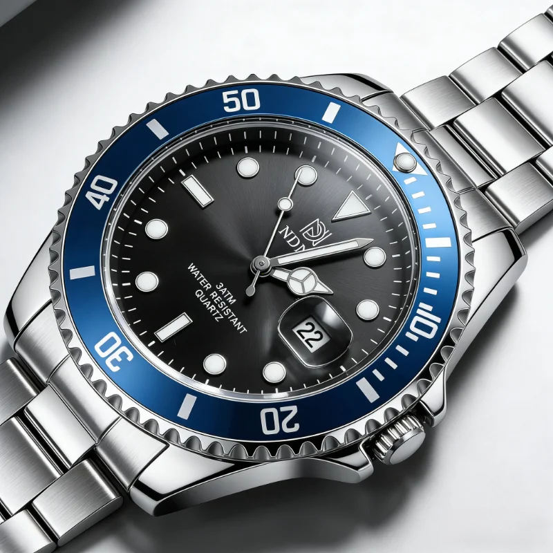 ndnzの新しい高級クォーツメンズ腕時計、防水ステンレススチールカジュアルウォッチ