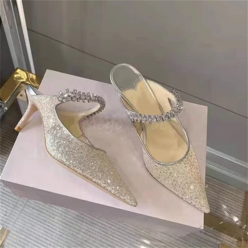 

Diamonds Strap Mesh Sequin Muller Shoes Women Pointed Toe Thin Heels Mid High Heel Slip On Sandals Bling Silver Shoes Lady