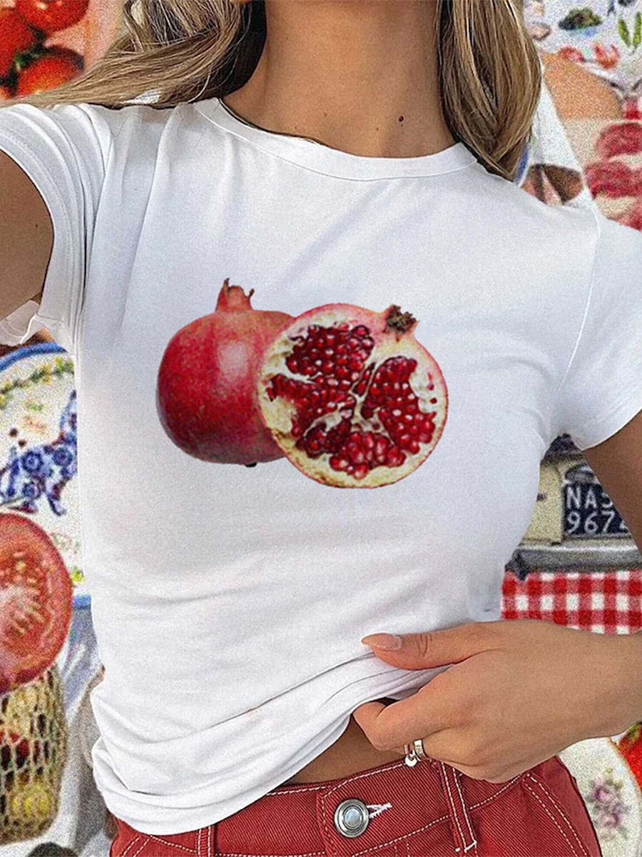 New Fashion Womens Summer T-Shirt Floral Starfish Pomegranate Printing Short Sleeve Round Neck Slim Fit Tops Hot Sale S M L