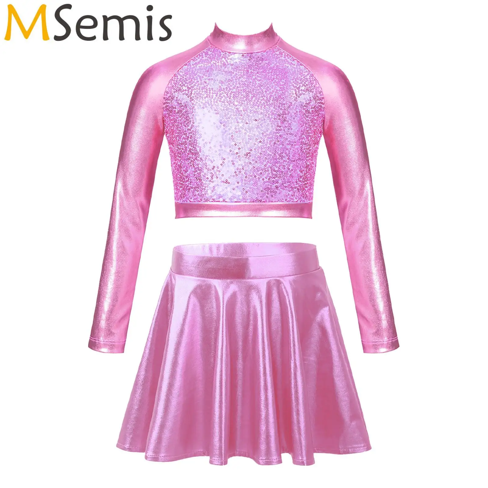 Tenue de danse moderne Hip Hop pour enfants, danse de ballet métallique pour filles, haut court à manches longues à paillettes brillantes, jupes de patinage trempées