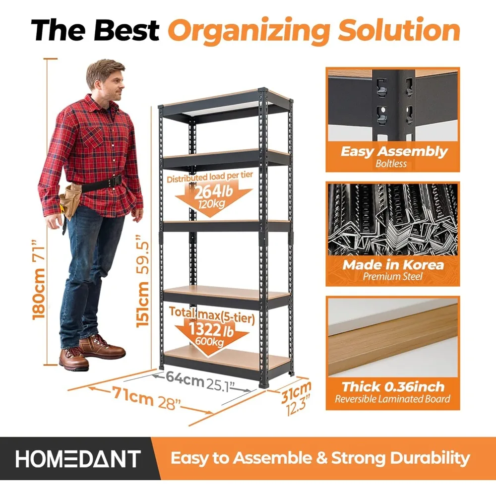 

5-tier Boltless Metal Shelving Unit Adjustable Garage Storage Utility Rack Heavy Duty Shelves Organization Multipurpose Shelf