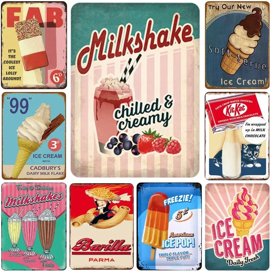 1pc Metal Dessert Plaque Vintage Ice Cream Milkshake Aluminium Sign Plate Decor For Kitchen Cafe Canteen 8x12 Inch