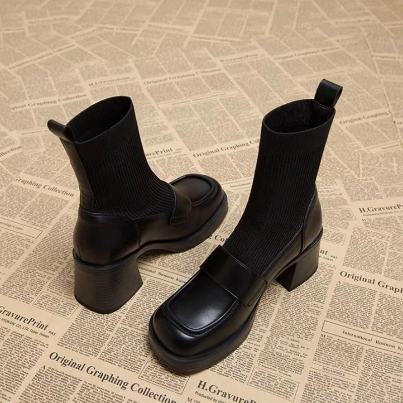 

Women's Autumn Winter 2025 New Style Chunky Heel Short Boots Plush Lined Knitted High Heel Elastic Sock Loafers