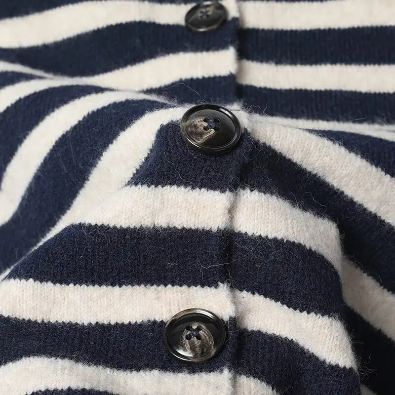 المرأة ربيع الخريف مخطط سترة مشغولة من الصوف معطف الإناث س الرقبة طويلة الأكمام واحدة الصدر سترة سيدة الشارع لباس غير رسمي #4