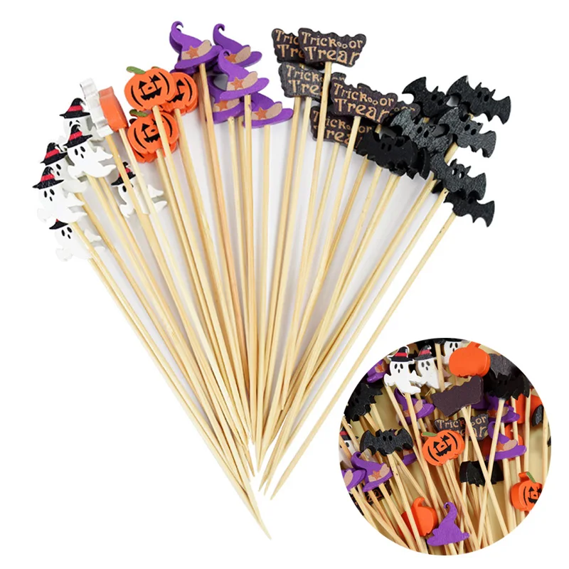 50/100Pcs Halloween Disposable Bamboo Toothpick Pumpkin Buffet Cake Fruit Fork Skewers For Halloween Party Decor Cocktail Picks