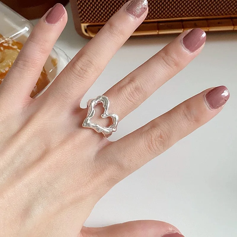 Cincin perak Sterling 925 untuk wanita pria, pasangan minimalis buatan tangan sederhana cincin Hati hadiah perhiasan mencegah alergi