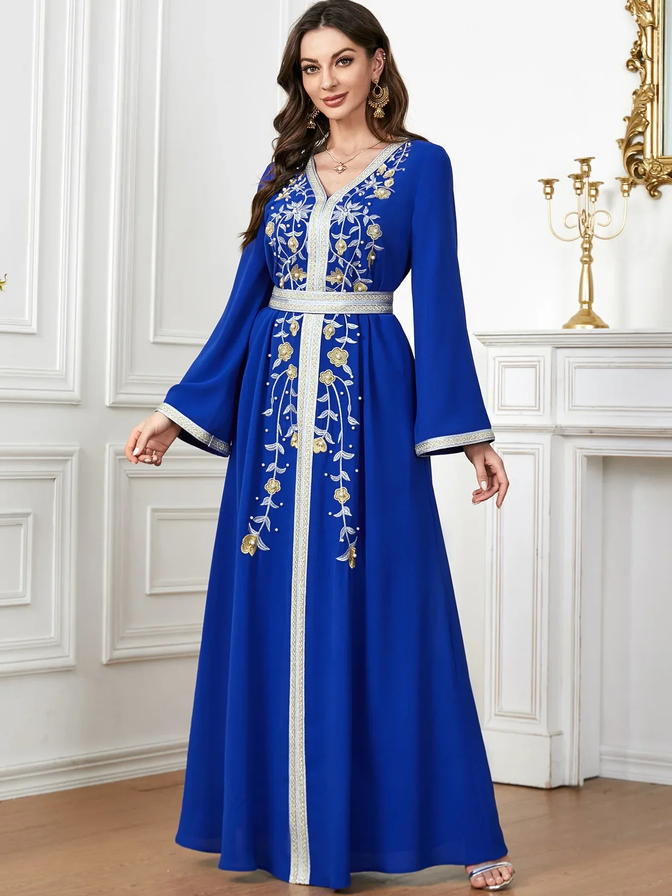 Autumn Embroidery Eid Muslim Party Dress for Women Jalabiya Abaya Ramadan Long Dresses Abayas Woman Lace-up Caftan Vestidos Robe