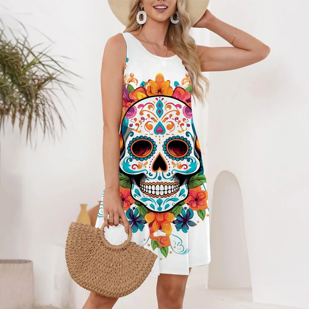 Mexican Skull Floral Print Round Neck Tank Top Dress Elegant Sleeveless Day Of The Dead Loose And Comfortable Dress For Women