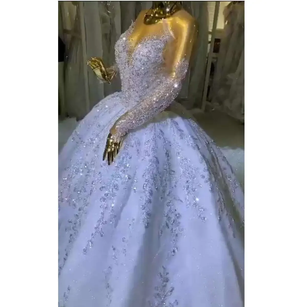 

Customized Sparkly Scoop Neckline Princess Heavy Beads Crystals Wedding Dresses Sweep Train Ballgown Long Sleeves Puffy Bridal