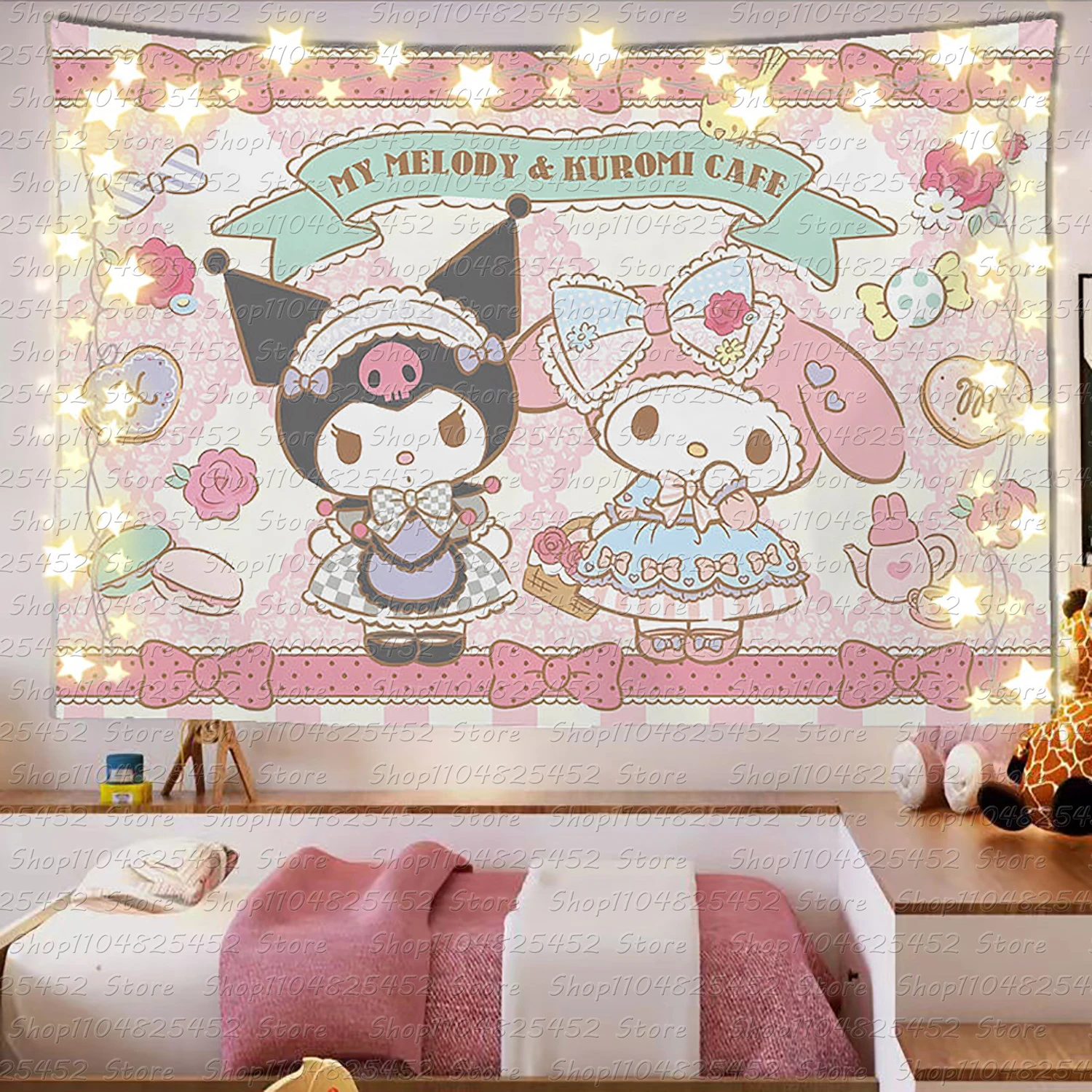 Sanrio Cartoon-Themen Bedruckter Wandteppich Niedlicher Cartoon-Stil Fantasy-Hintergrund Heimdekoration Mädchenherz Bedruckter Wandbehang
