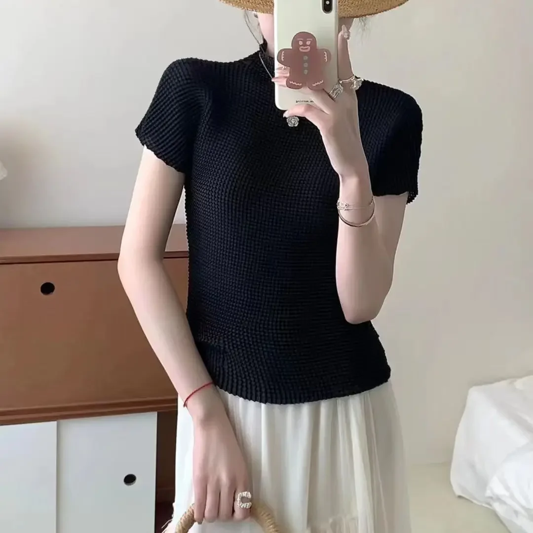 2023 Summer New Tofu Pleated Pleated Top Women's T-shirt with Four Sides Elastic Casual Pleated Clothes